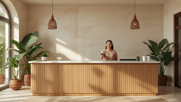 Bright wellness studio front desk with a staff member greeting a client