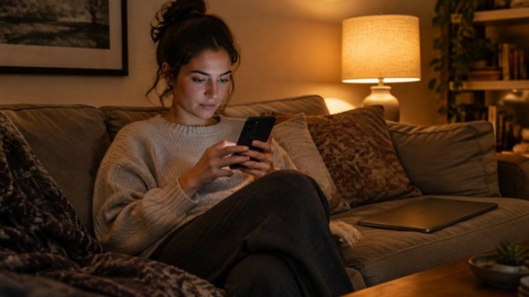 Woman on a couch in evening lamplight typing a message on her phone instead of calling